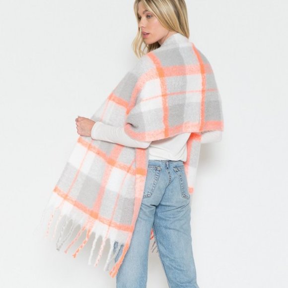 Gray, Orange & Ivory Plaid Scarf with Whimsical Fringe - Picture 2 of 8